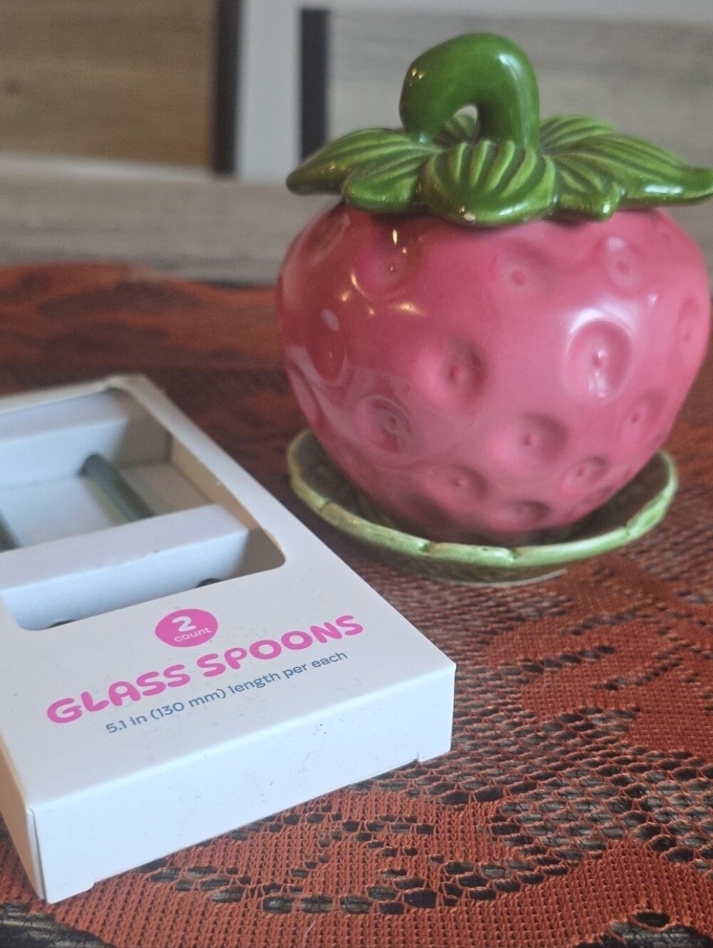 Strawberry Ceramic Sugar Dish Jar + 2 Glass Spoons Bundle)